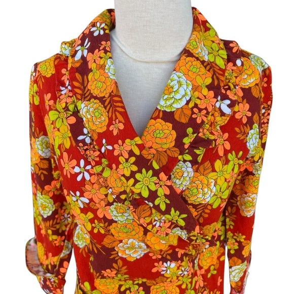 Vintage Hawaiian Barkcloth Floral Ruffle Robe Mod Dayglow Retro Neon Small READ - Picture 7 of 16